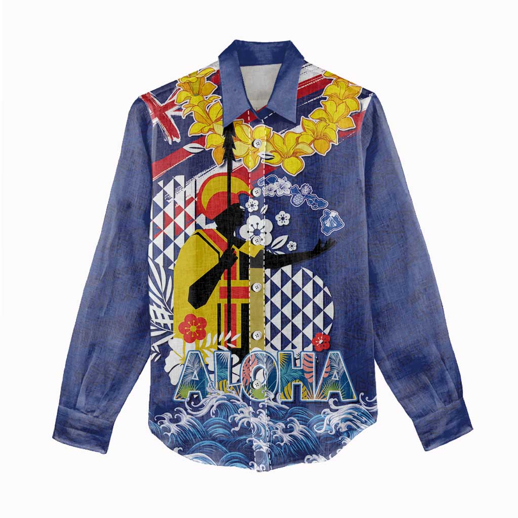 Hawaii King Kamehameha Day Women Casual Shirt Lei Sea Waves Polynesian Tapa Pattern