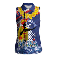 Hawaii King Kamehameha Day Women Sleeveless Polo Shirt Lei Sea Waves Polynesian Tapa Pattern