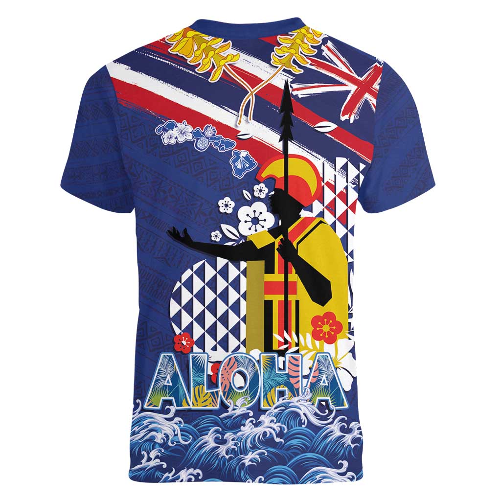 Hawaii King Kamehameha Day Women V-Neck T-Shirt Lei Sea Waves Polynesian Tapa Pattern