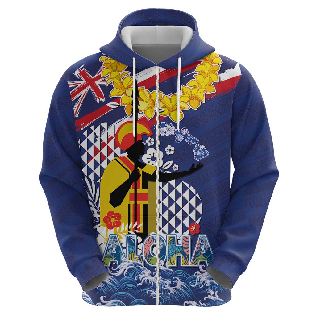 Hawaii King Kamehameha Day Zip Hoodie Lei Sea Waves Polynesian Tapa Pattern