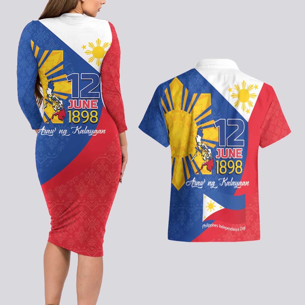 Philippines Independence Day Couples Matching Long Sleeve Bodycon Dress and Hawaiian Shirt Araw ng Kalayaan Polynesian Sun and YAKAN Pattern