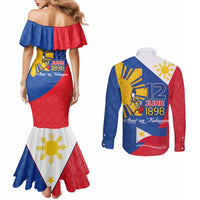 Philippines Independence Day Couples Matching Mermaid Dress and Long Sleeve Button Shirt Araw ng Kalayaan Polynesian Sun and YAKAN Pattern