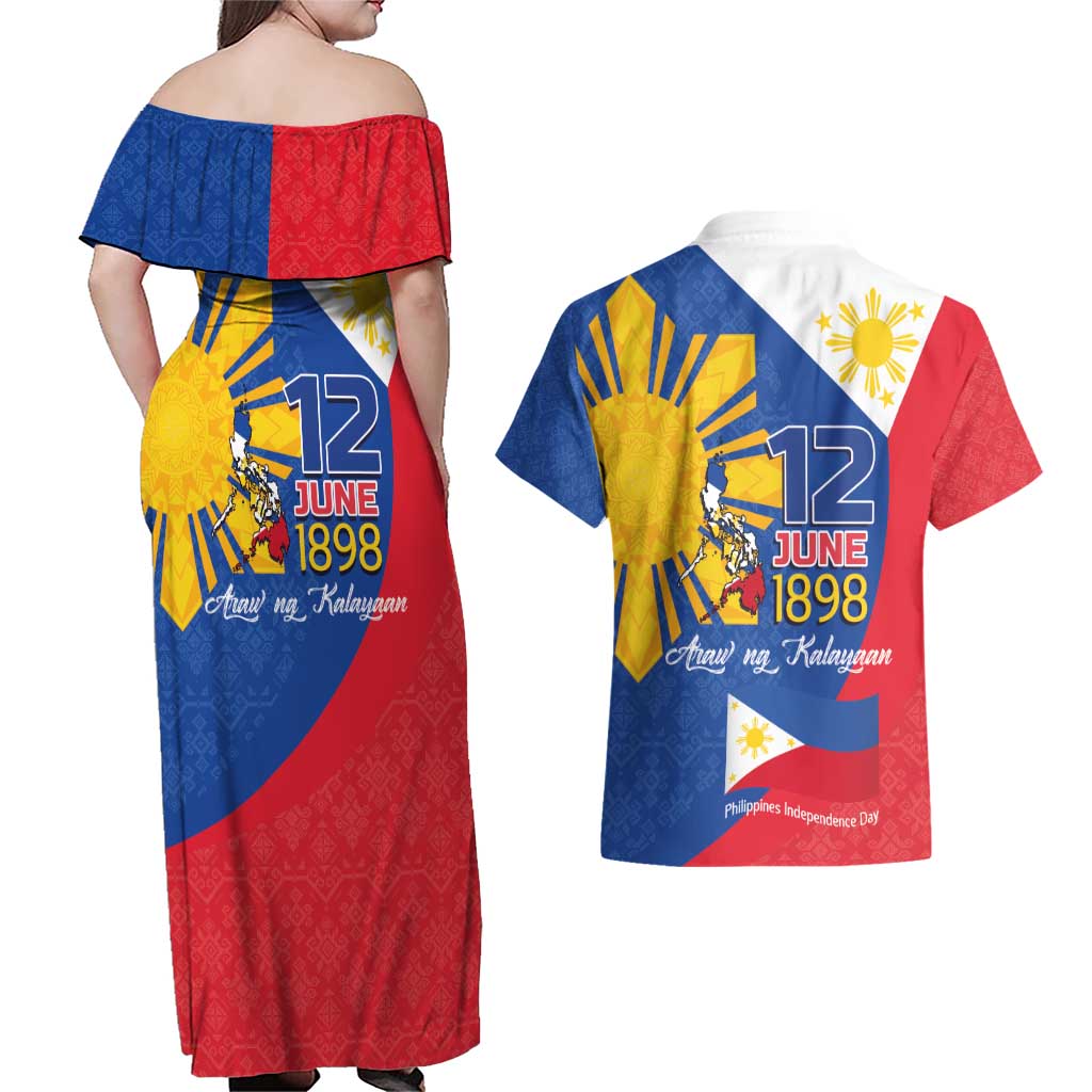 Philippines Independence Day Couples Matching Off Shoulder Maxi Dress and Hawaiian Shirt Araw ng Kalayaan Polynesian Sun and YAKAN Pattern