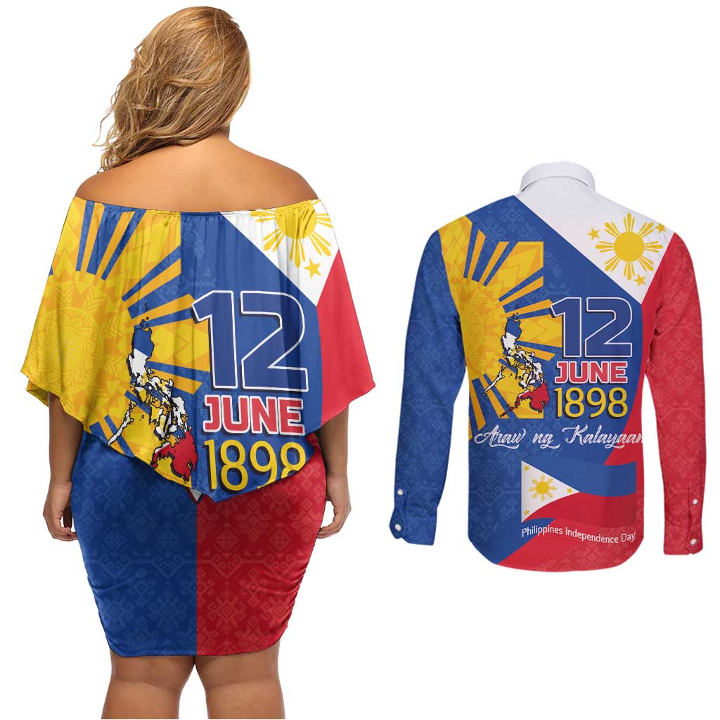 Philippines Independence Day Couples Matching Off Shoulder Short Dress and Long Sleeve Button Shirt Araw ng Kalayaan Polynesian Sun and YAKAN Pattern