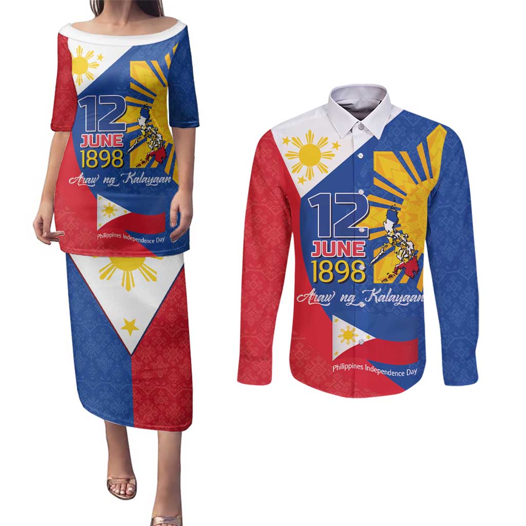 Philippines Independence Day Couples Matching Puletasi and Long Sleeve Button Shirt Araw ng Kalayaan Polynesian Sun and YAKAN Pattern LT03 Blue - Polynesian Pride