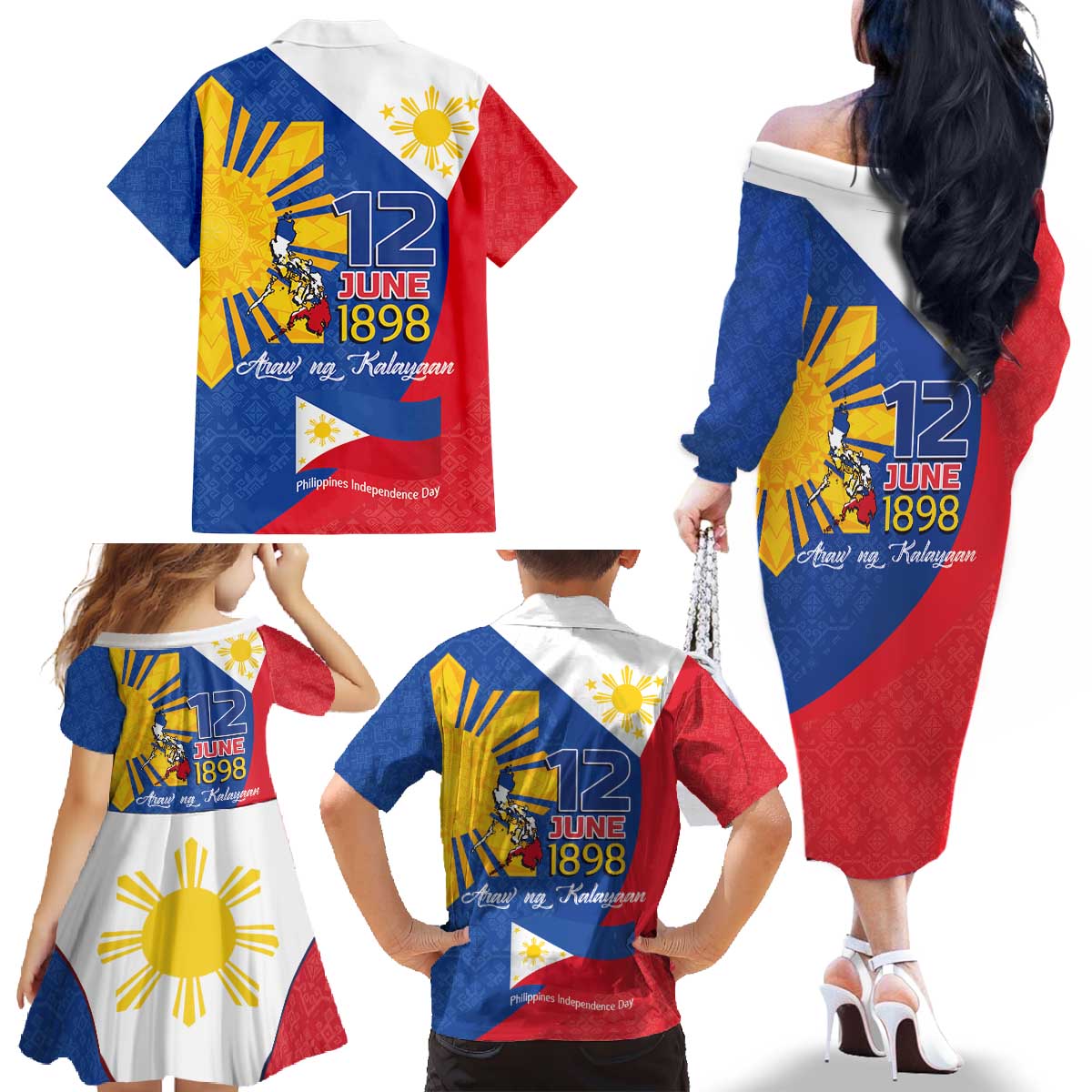 Philippines Independence Day Family Matching Off The Shoulder Long Sleeve Dress and Hawaiian Shirt Araw ng Kalayaan Polynesian Sun and YAKAN Pattern