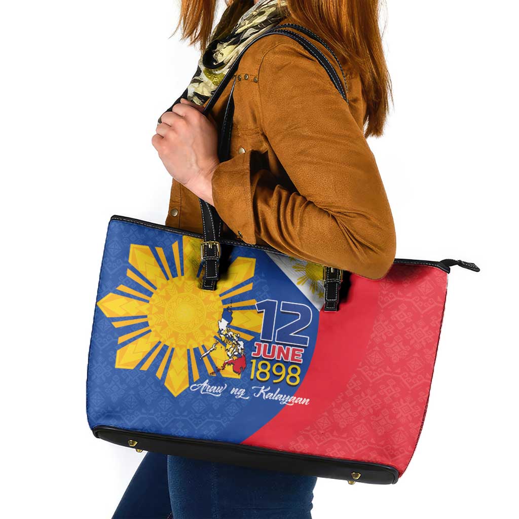 Philippines Independence Day Leather Tote Bag Araw ng Kalayaan Polynesian Sun and YAKAN Pattern LT03 Blue - Polynesian Pride