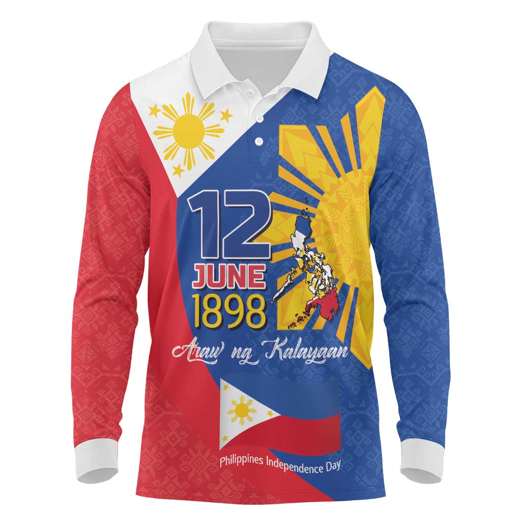 Philippines Independence Day Long Sleeve Polo Shirt Araw ng Kalayaan Polynesian Sun and YAKAN Pattern