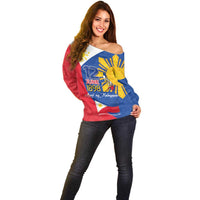Philippines Independence Day Off Shoulder Sweater Araw ng Kalayaan Polynesian Sun and YAKAN Pattern
