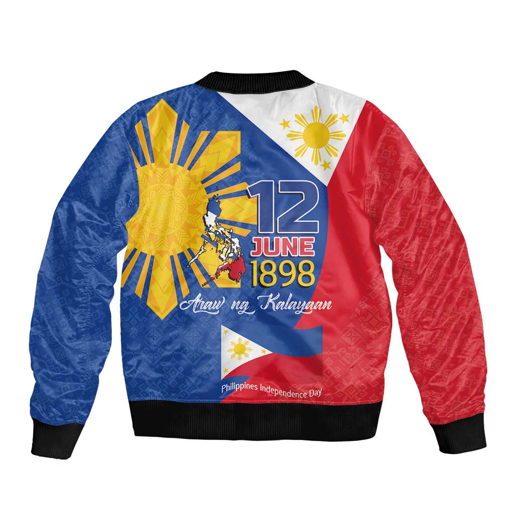 Philippines Independence Day Sleeve Zip Bomber Jacket Araw ng Kalayaan Polynesian Sun and YAKAN Pattern