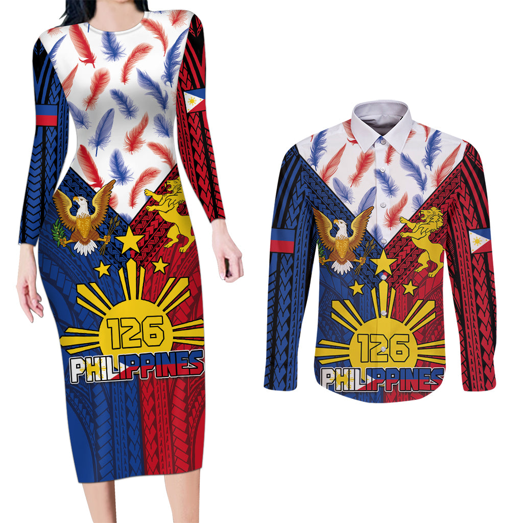 Philippines Independence Day 126th Anniversary Couples Matching Long Sleeve Bodycon Dress and Long Sleeve Button Shirt Polynesian Pattern National Flag Style LT03 Red - Polynesian Pride