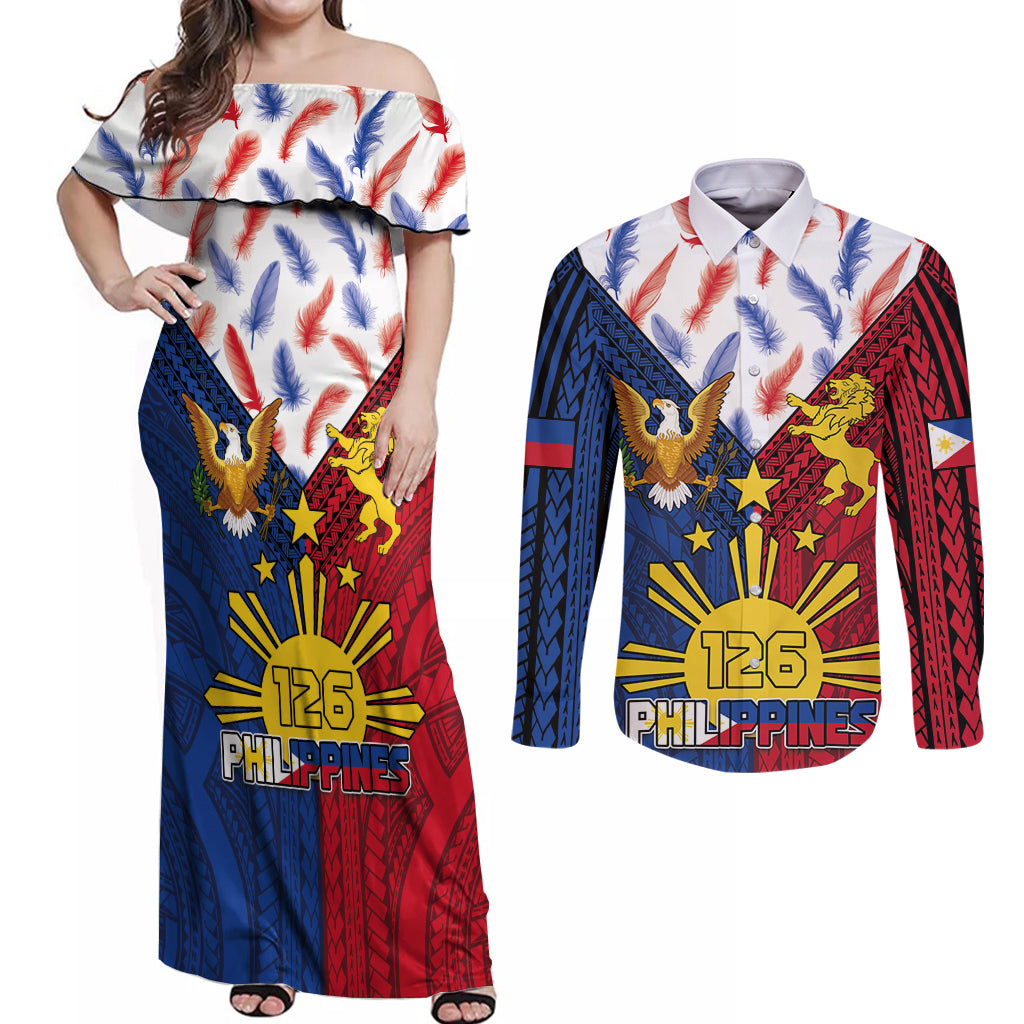Philippines Independence Day 126th Anniversary Couples Matching Off Shoulder Maxi Dress and Long Sleeve Button Shirt Polynesian Pattern National Flag Style LT03 Red - Polynesian Pride