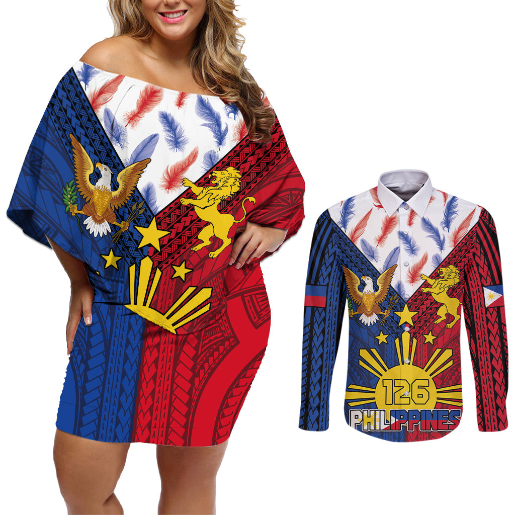 Philippines Independence Day 126th Anniversary Couples Matching Off Shoulder Short Dress and Long Sleeve Button Shirt Polynesian Pattern National Flag Style LT03 Red - Polynesian Pride