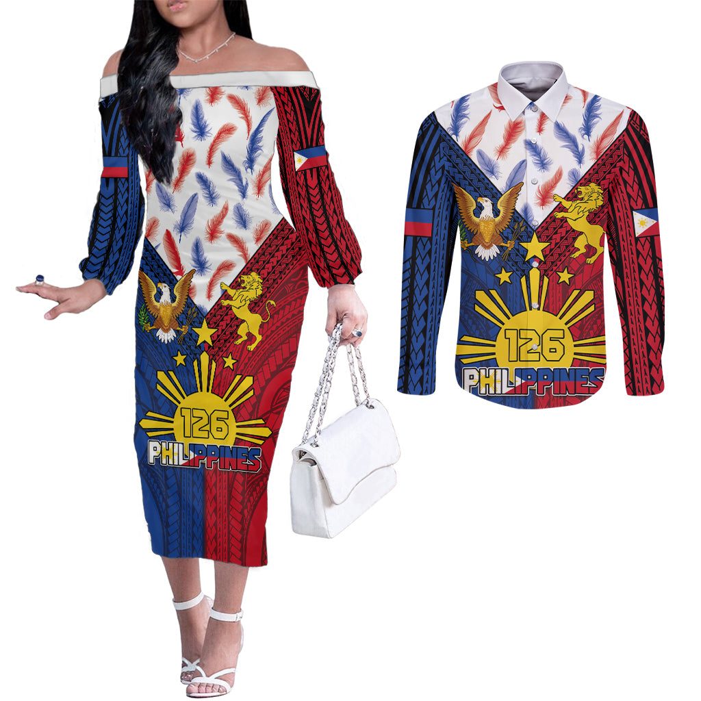 Philippines Independence Day 126th Anniversary Couples Matching Off The Shoulder Long Sleeve Dress and Long Sleeve Button Shirt Polynesian Pattern National Flag Style LT03 Red - Polynesian Pride