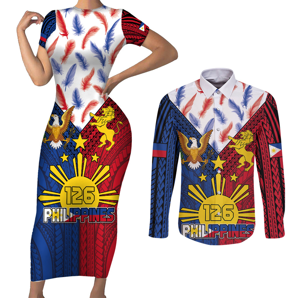Philippines Independence Day 126th Anniversary Couples Matching Short Sleeve Bodycon Dress and Long Sleeve Button Shirt Polynesian Pattern National Flag Style LT03 Red - Polynesian Pride