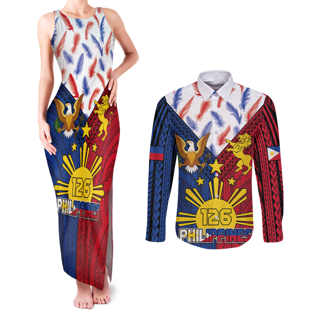 Philippines Independence Day 126th Anniversary Couples Matching Tank Maxi Dress and Long Sleeve Button Shirt Polynesian Pattern National Flag Style LT03 Red - Polynesian Pride