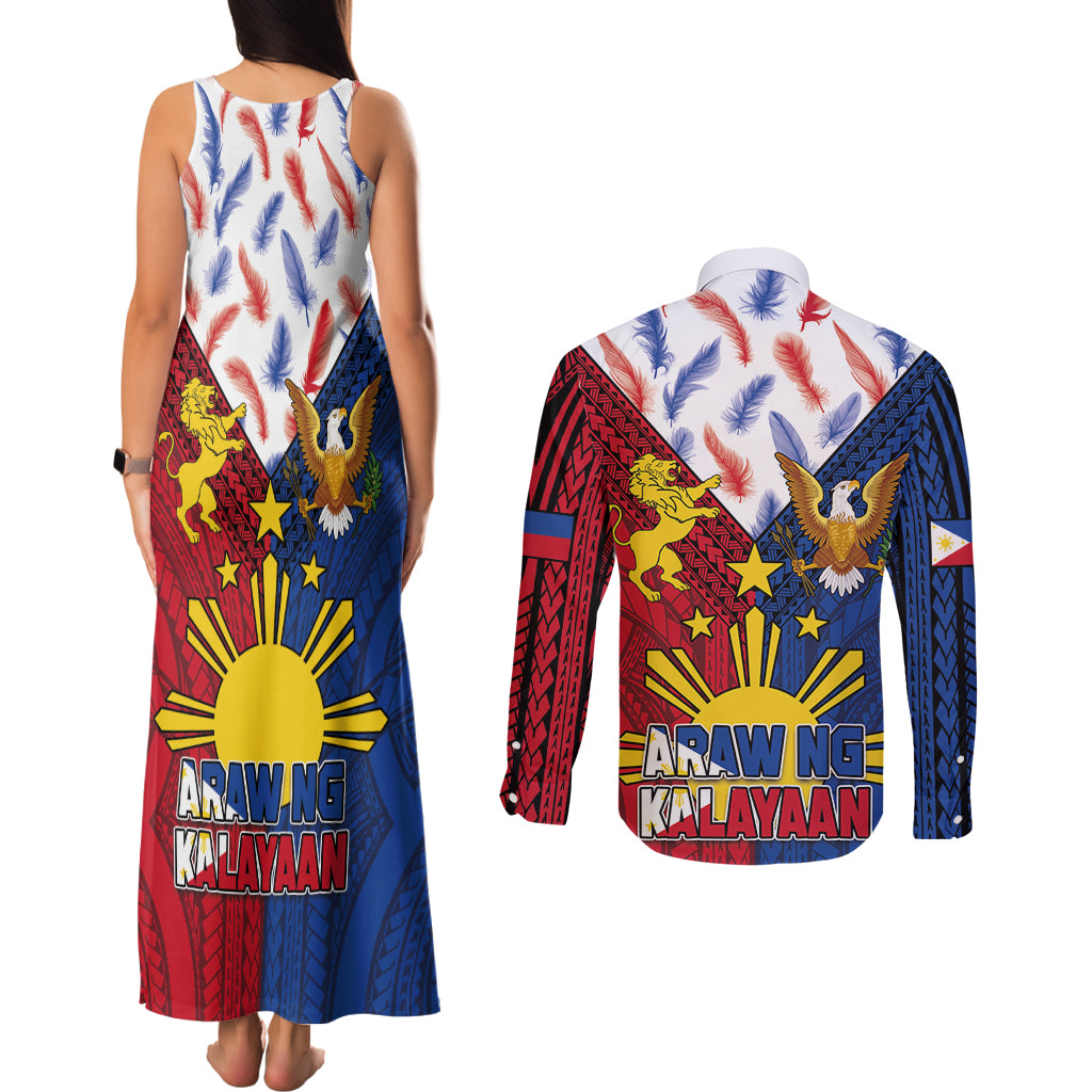 Philippines Independence Day 126th Anniversary Couples Matching Tank Maxi Dress and Long Sleeve Button Shirt Polynesian Pattern National Flag Style