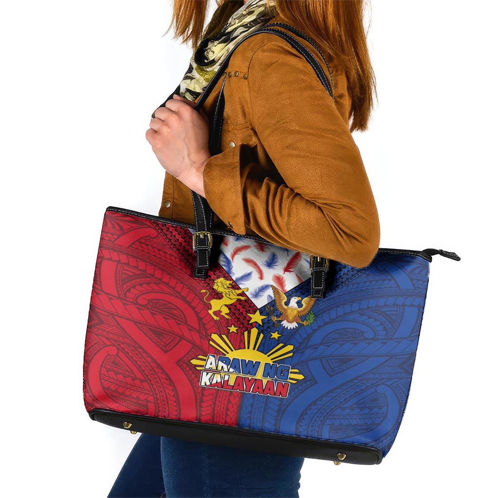 Philippines Independence Day 126th Anniversary Leather Tote Bag Polynesian Pattern National Flag Style LT03 Red - Polynesian Pride
