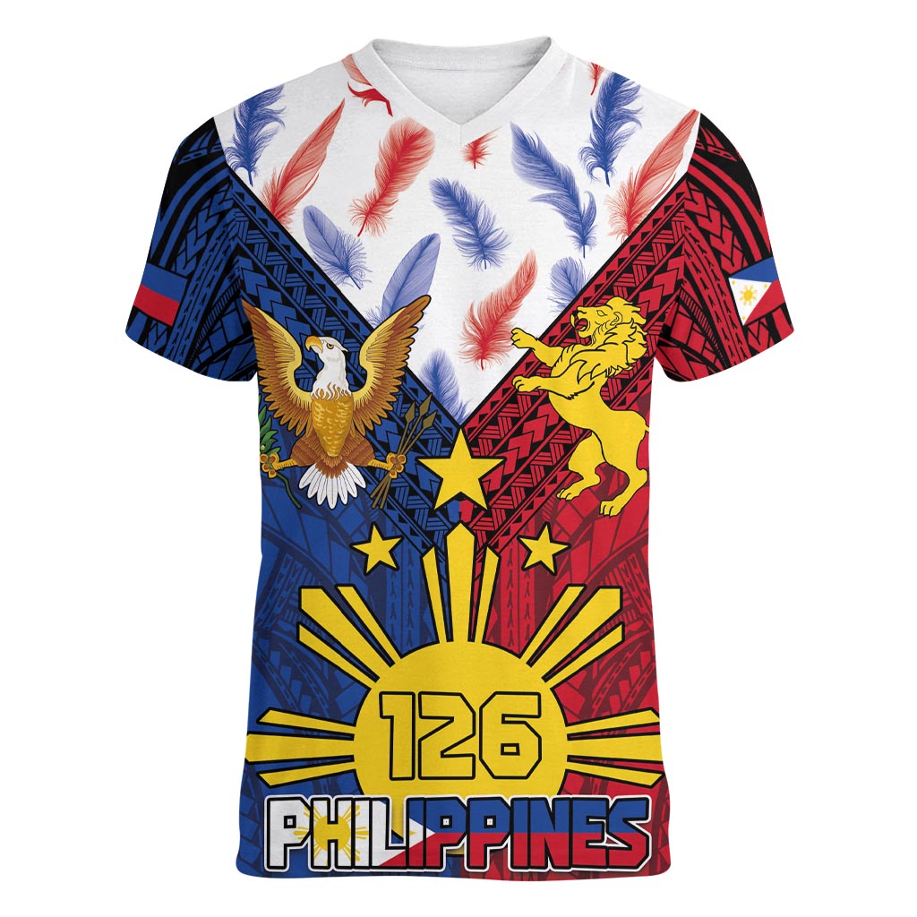 Philippines Independence Day 126th Anniversary Women V-Neck T-Shirt Polynesian Pattern National Flag Style LT03 Female Red - Polynesian Pride