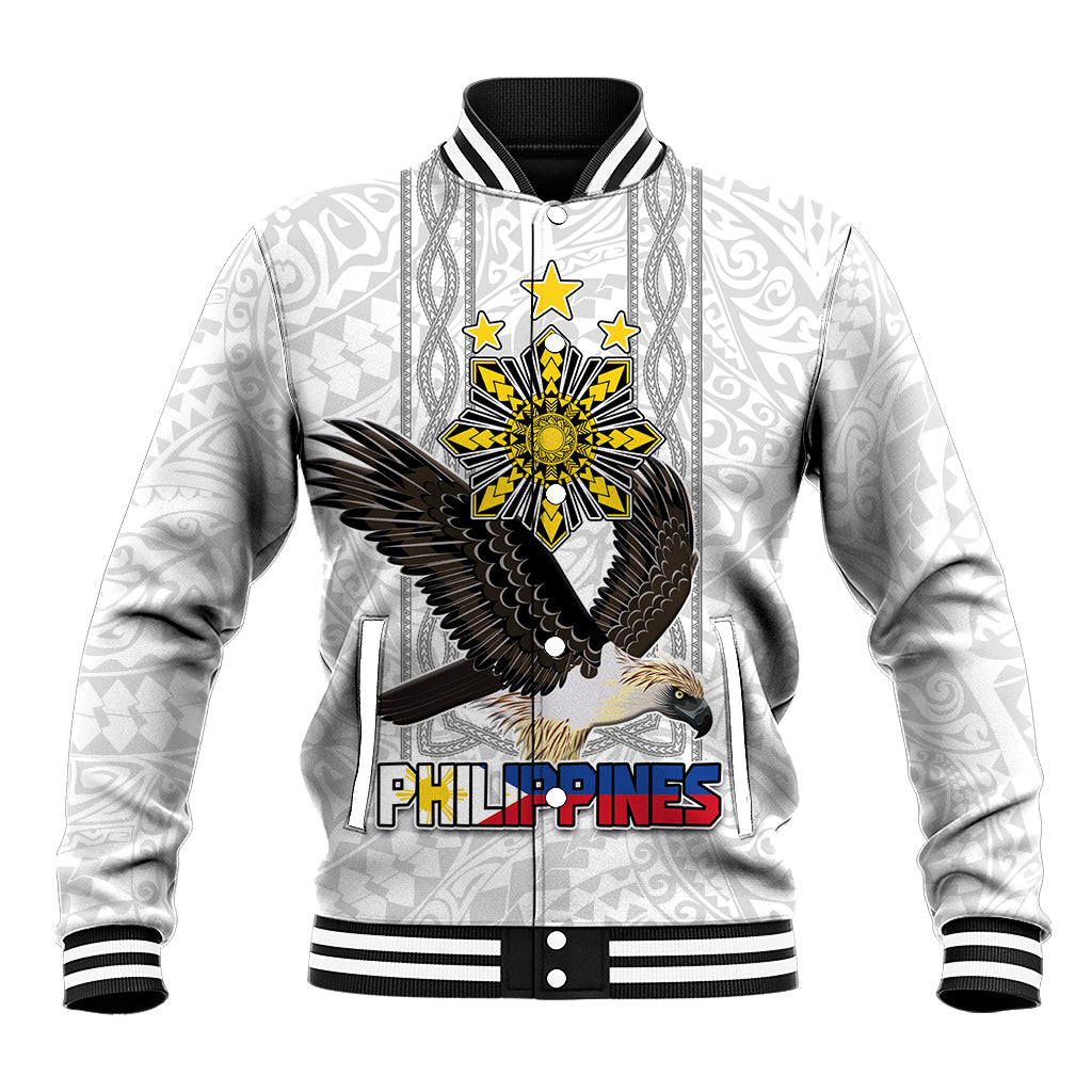 Philippines Eagle Week Baseball Jacket Polynesian Pattern Barong Style LT03 Unisex White - Polynesian Pride