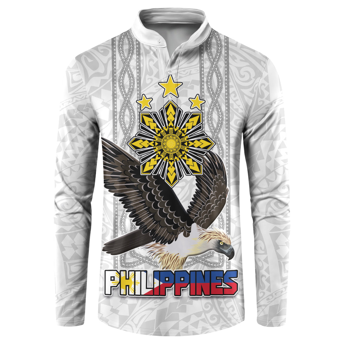Philippines Eagle Week Button Sweatshirt Polynesian Pattern Barong Style LT03 White - Polynesian Pride