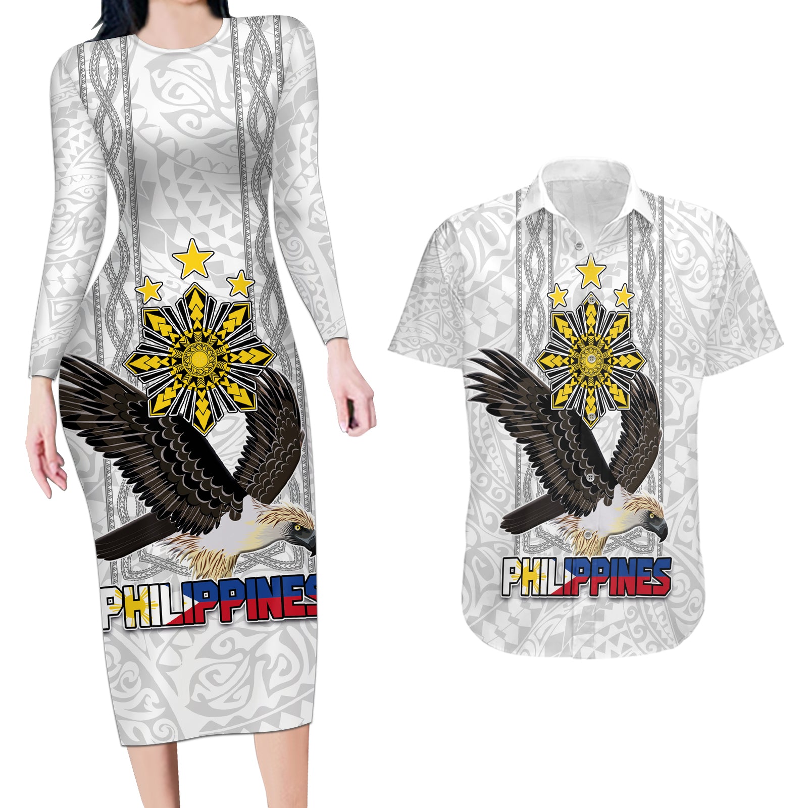 Philippines Eagle Week Couples Matching Long Sleeve Bodycon Dress and Hawaiian Shirt Polynesian Pattern Barong Style LT03 White - Polynesian Pride