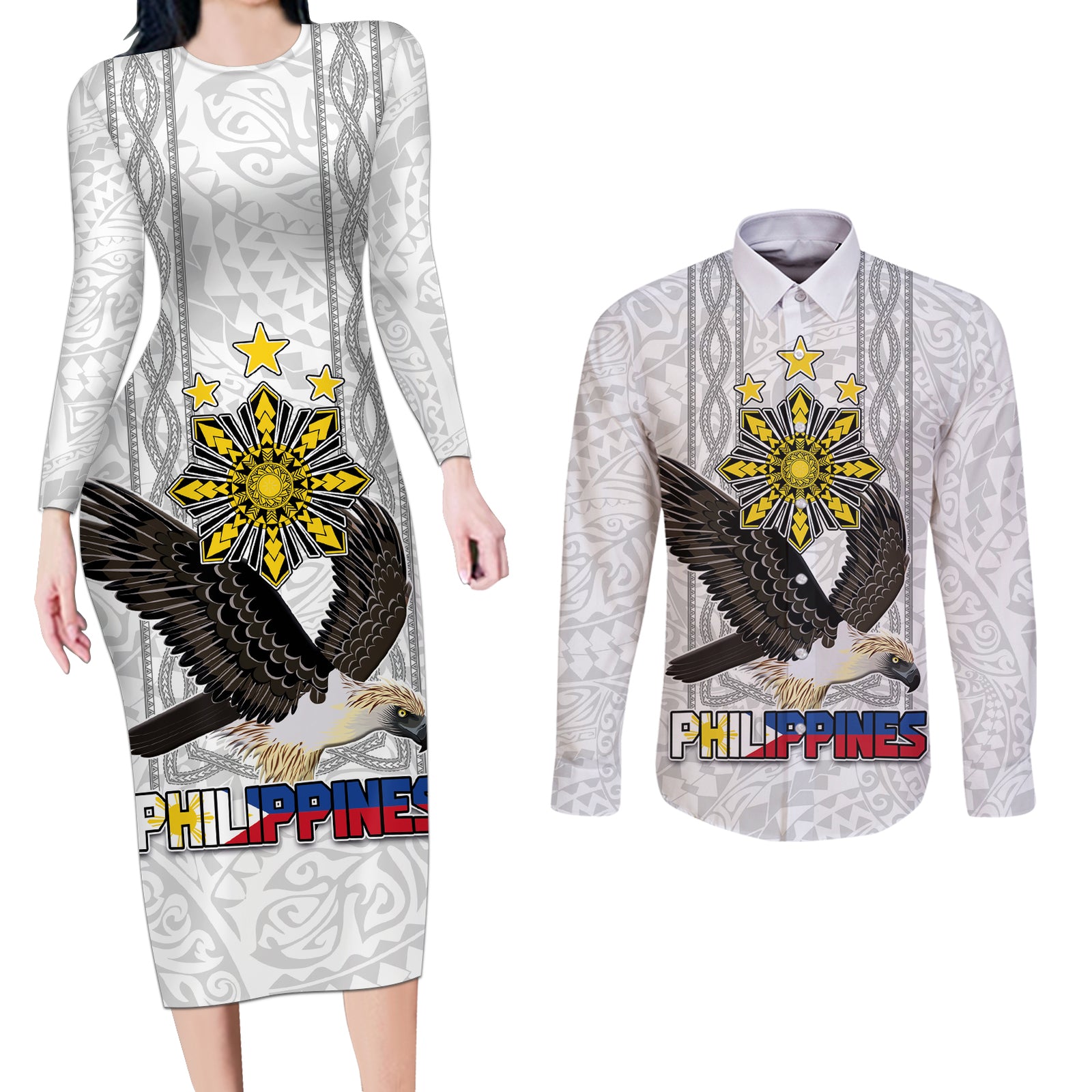 Philippines Eagle Week Couples Matching Long Sleeve Bodycon Dress and Long Sleeve Button Shirt Polynesian Pattern Barong Style LT03 White - Polynesian Pride