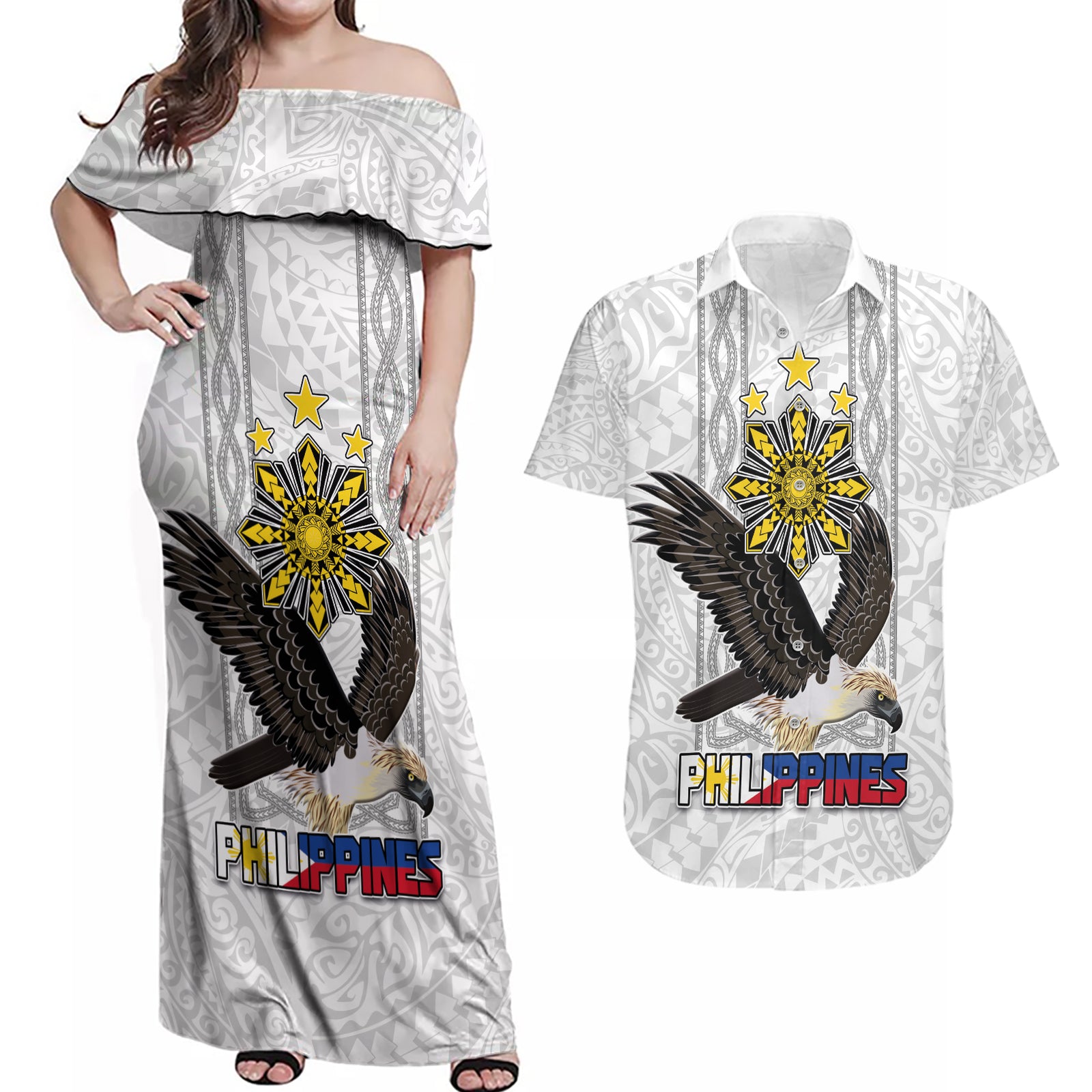 Philippines Eagle Week Couples Matching Off Shoulder Maxi Dress and Hawaiian Shirt Polynesian Pattern Barong Style LT03 White - Polynesian Pride