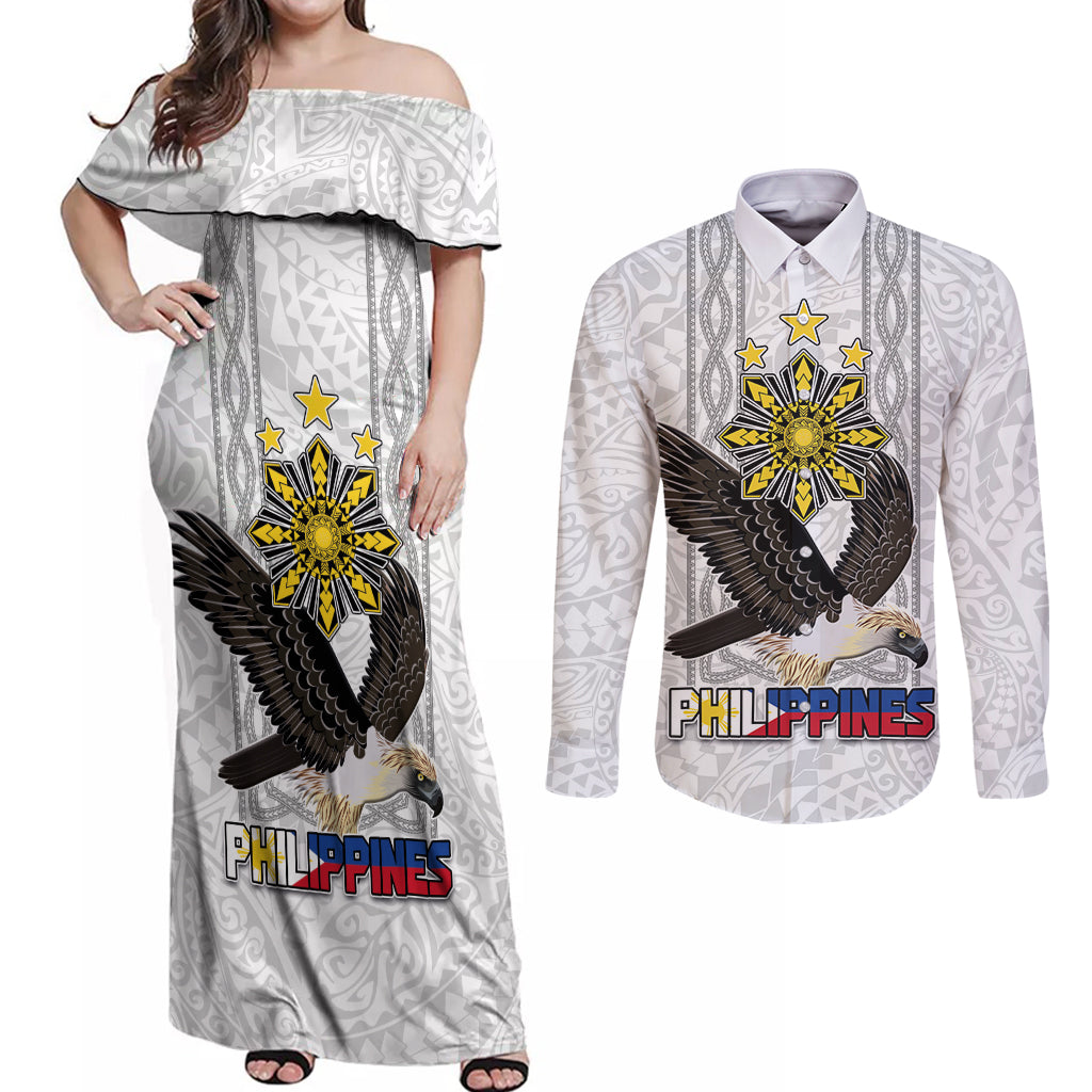 Philippines Eagle Week Couples Matching Off Shoulder Maxi Dress and Long Sleeve Button Shirt Polynesian Pattern Barong Style LT03 White - Polynesian Pride