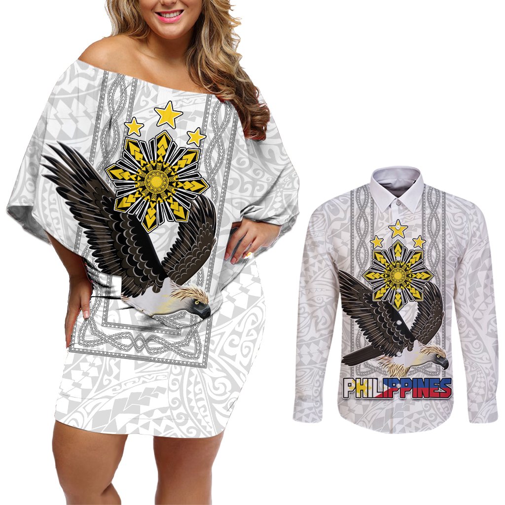 Philippines Eagle Week Couples Matching Off Shoulder Short Dress and Long Sleeve Button Shirt Polynesian Pattern Barong Style LT03 White - Polynesian Pride