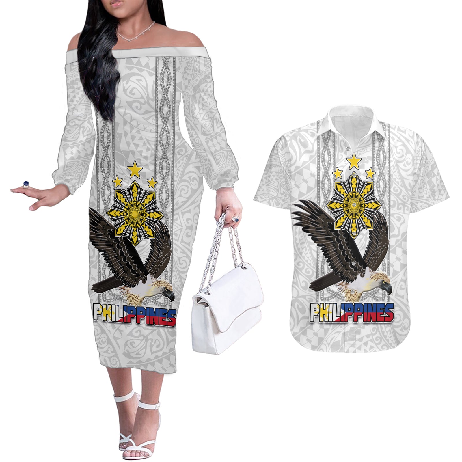 Philippines Eagle Week Couples Matching Off The Shoulder Long Sleeve Dress and Hawaiian Shirt Polynesian Pattern Barong Style LT03 White - Polynesian Pride