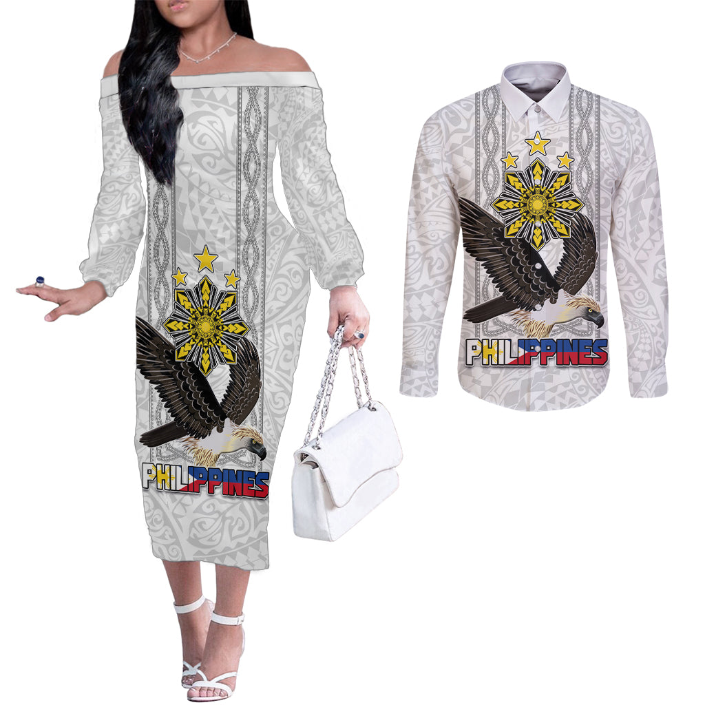 Philippines Eagle Week Couples Matching Off The Shoulder Long Sleeve Dress and Long Sleeve Button Shirt Polynesian Pattern Barong Style LT03 White - Polynesian Pride
