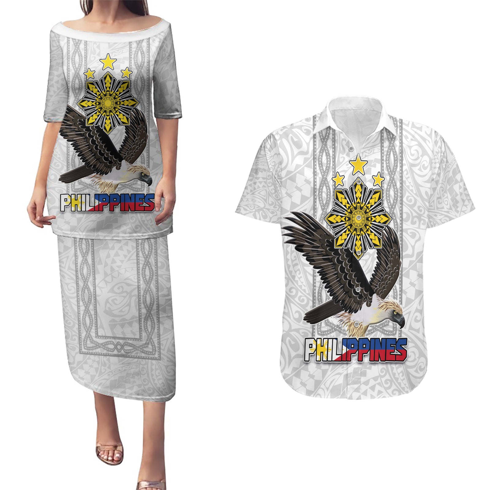 Philippines Eagle Week Couples Matching Puletasi and Hawaiian Shirt Polynesian Pattern Barong Style LT03 White - Polynesian Pride