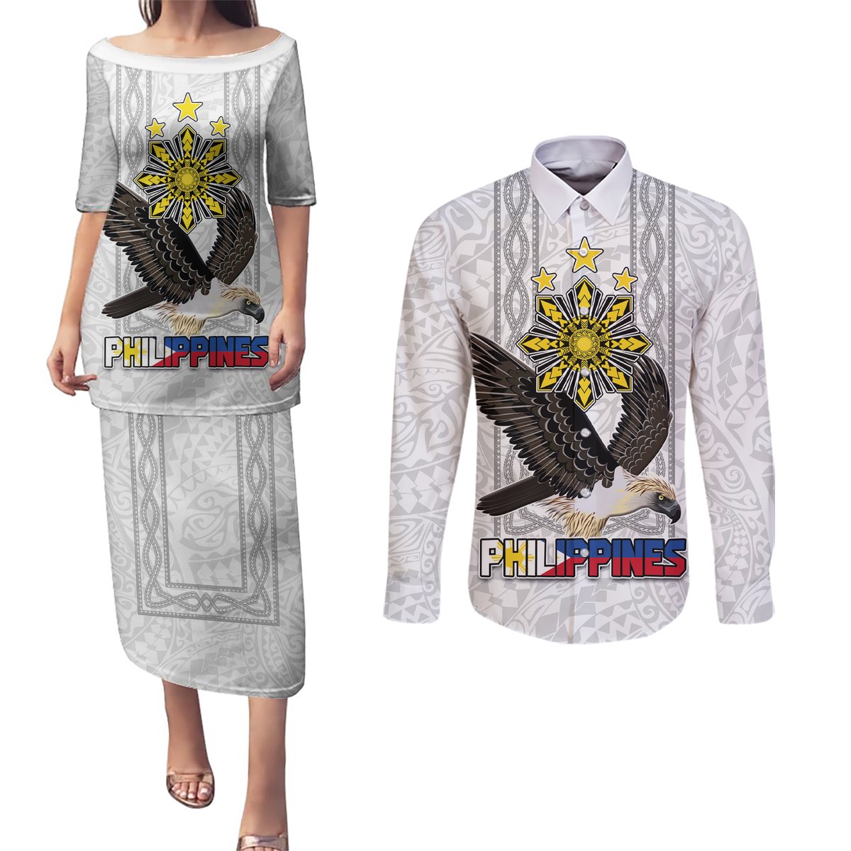 Philippines Eagle Week Couples Matching Puletasi and Long Sleeve Button Shirt Polynesian Pattern Barong Style LT03 White - Polynesian Pride