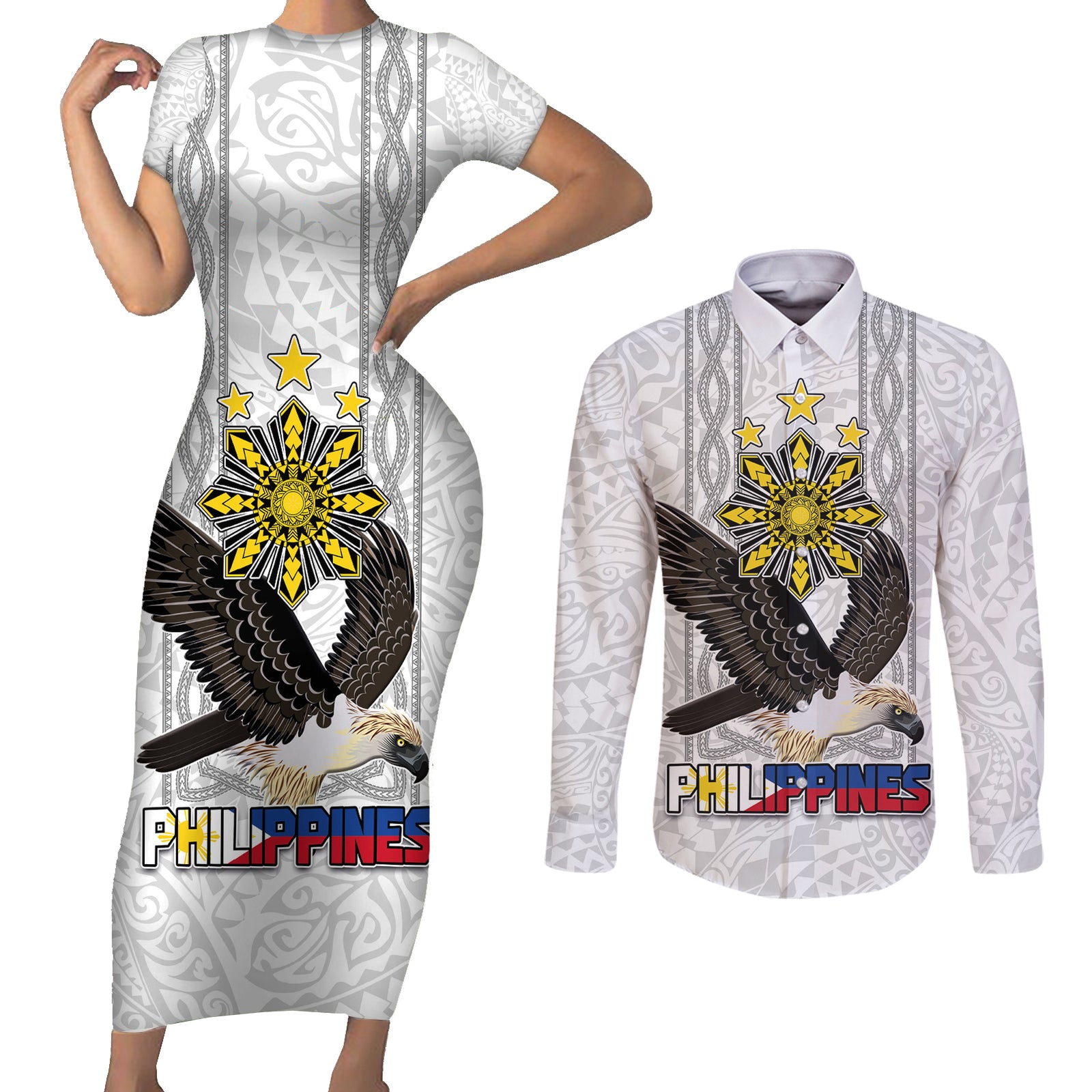 Philippines Eagle Week Couples Matching Short Sleeve Bodycon Dress and Long Sleeve Button Shirt Polynesian Pattern Barong Style LT03 White - Polynesian Pride