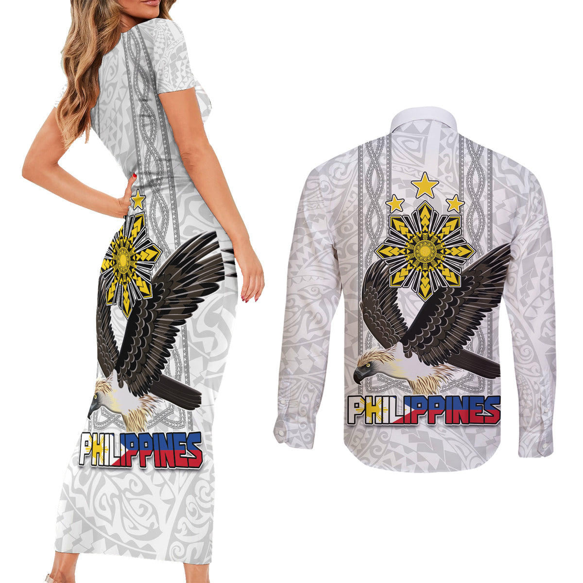 Philippines Eagle Week Couples Matching Short Sleeve Bodycon Dress and Long Sleeve Button Shirt Polynesian Pattern Barong Style