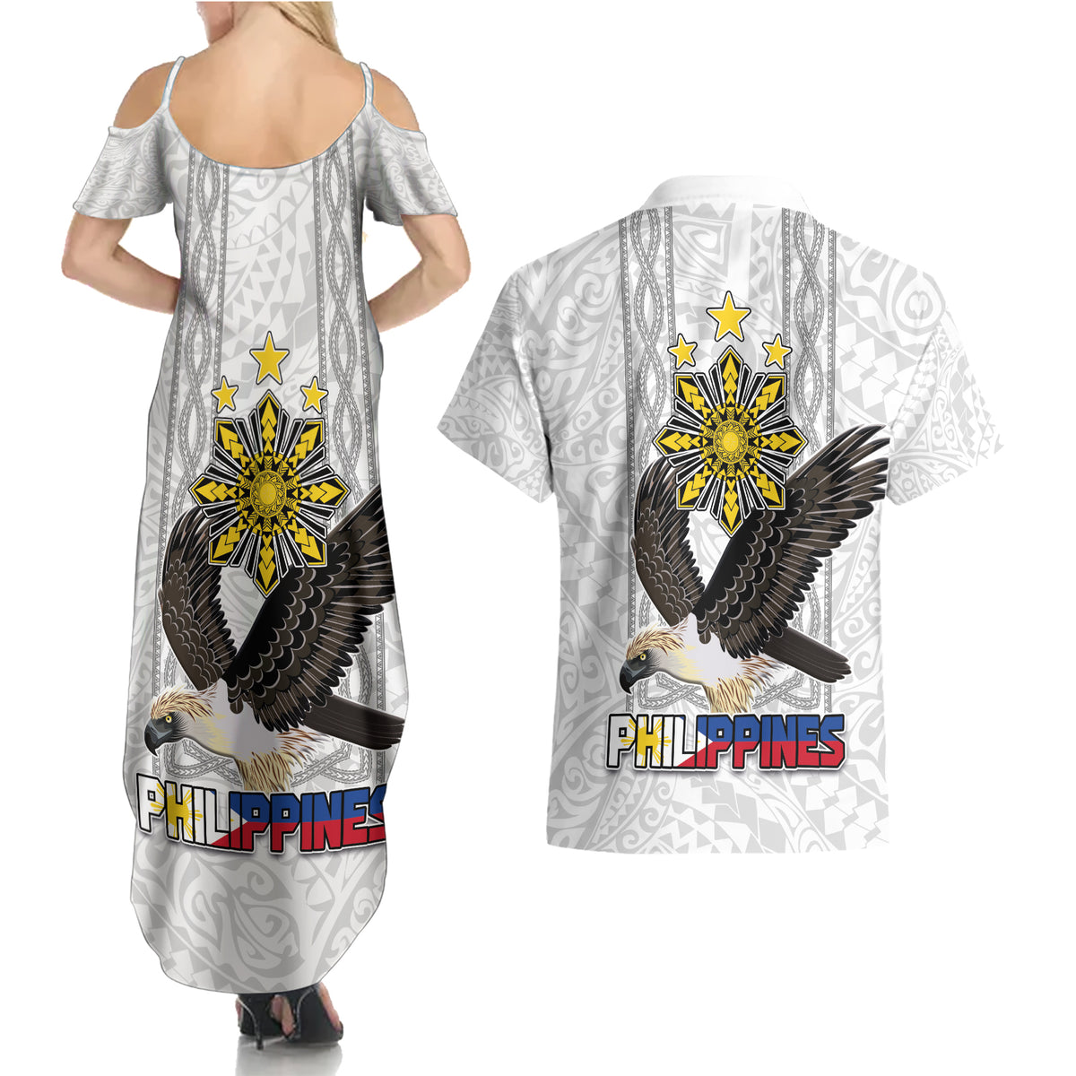 Philippines Eagle Week Couples Matching Summer Maxi Dress and Hawaiian Shirt Polynesian Pattern Barong Style