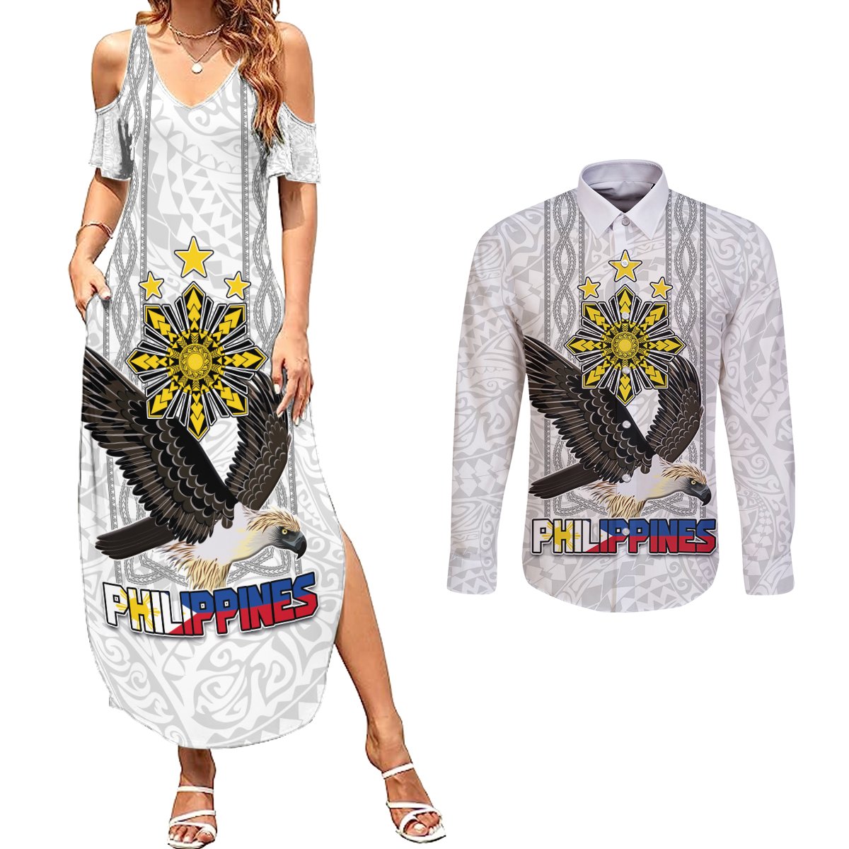 Philippines Eagle Week Couples Matching Summer Maxi Dress and Long Sleeve Button Shirt Polynesian Pattern Barong Style LT03 White - Polynesian Pride