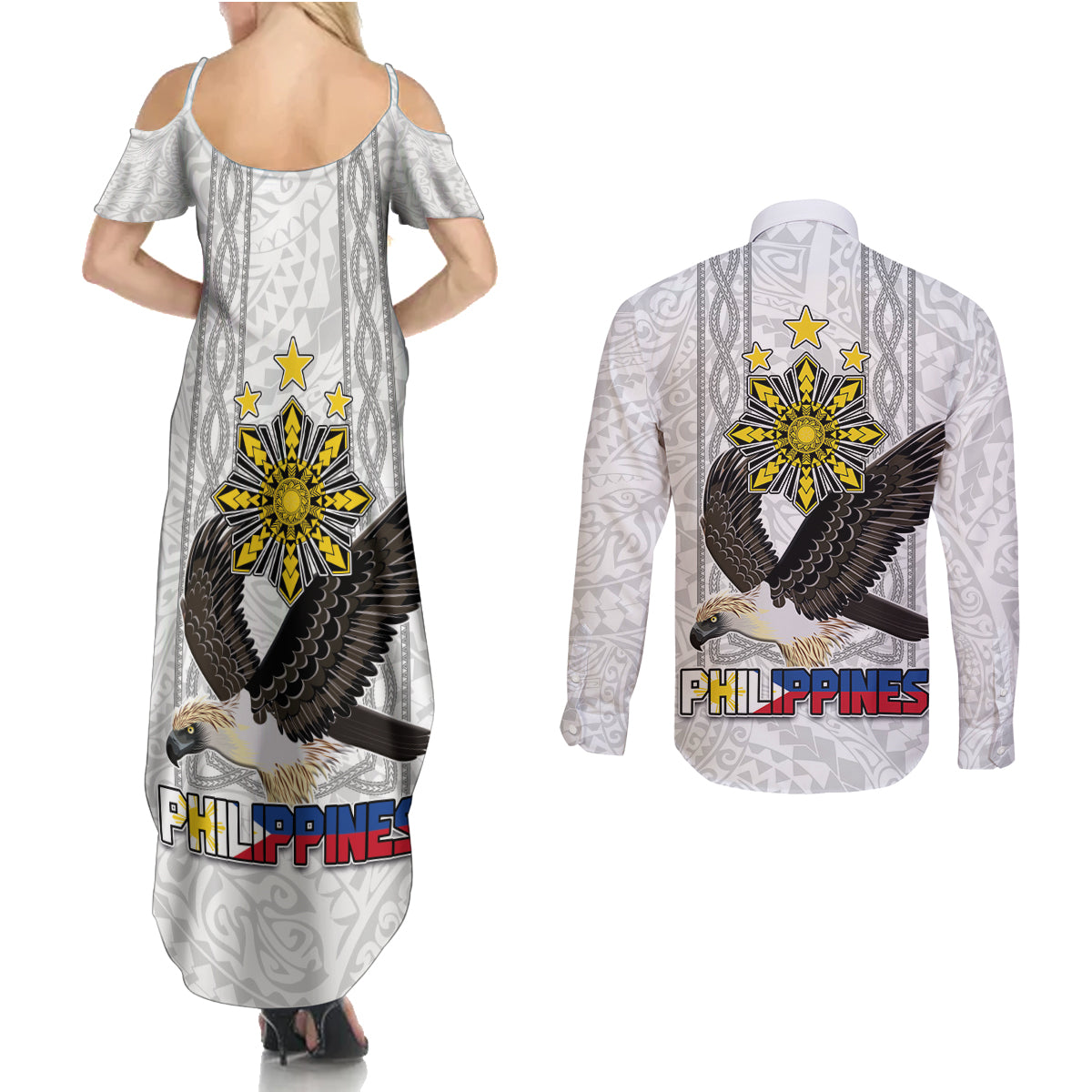 Philippines Eagle Week Couples Matching Summer Maxi Dress and Long Sleeve Button Shirt Polynesian Pattern Barong Style
