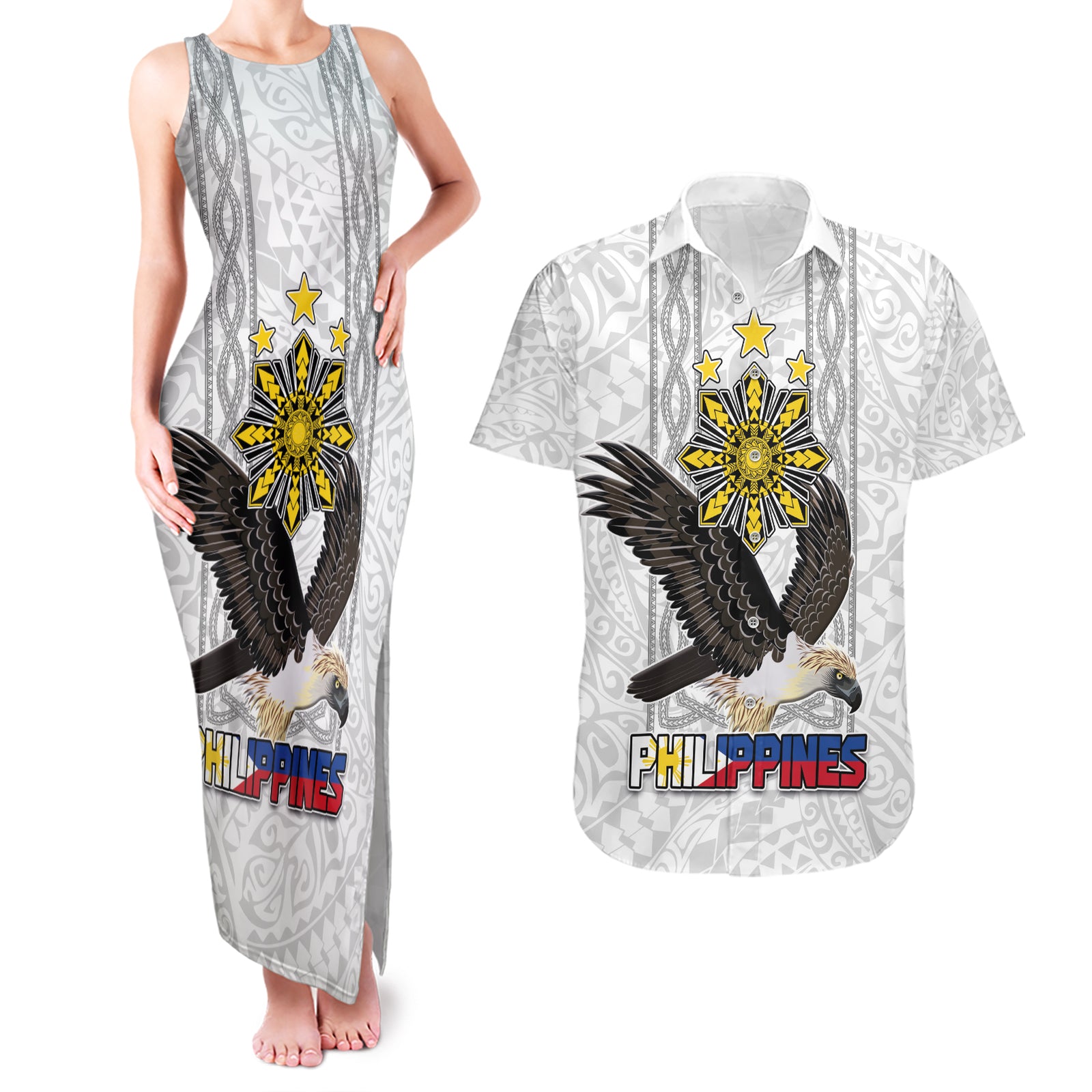 Philippines Eagle Week Couples Matching Tank Maxi Dress and Hawaiian Shirt Polynesian Pattern Barong Style LT03 White - Polynesian Pride
