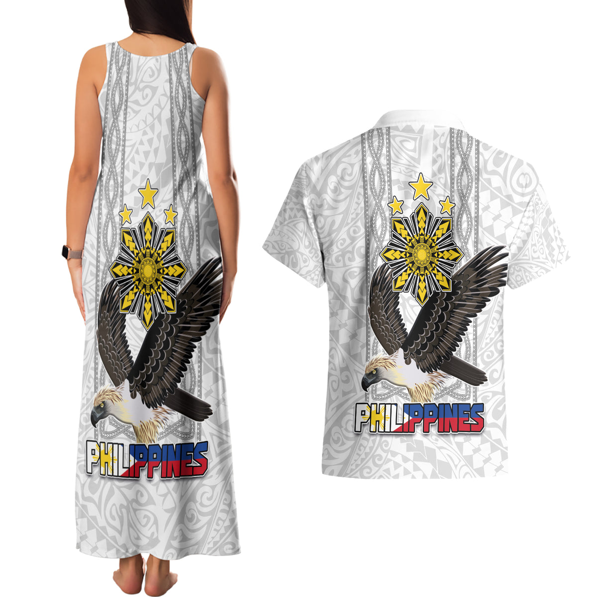 Philippines Eagle Week Couples Matching Tank Maxi Dress and Hawaiian Shirt Polynesian Pattern Barong Style