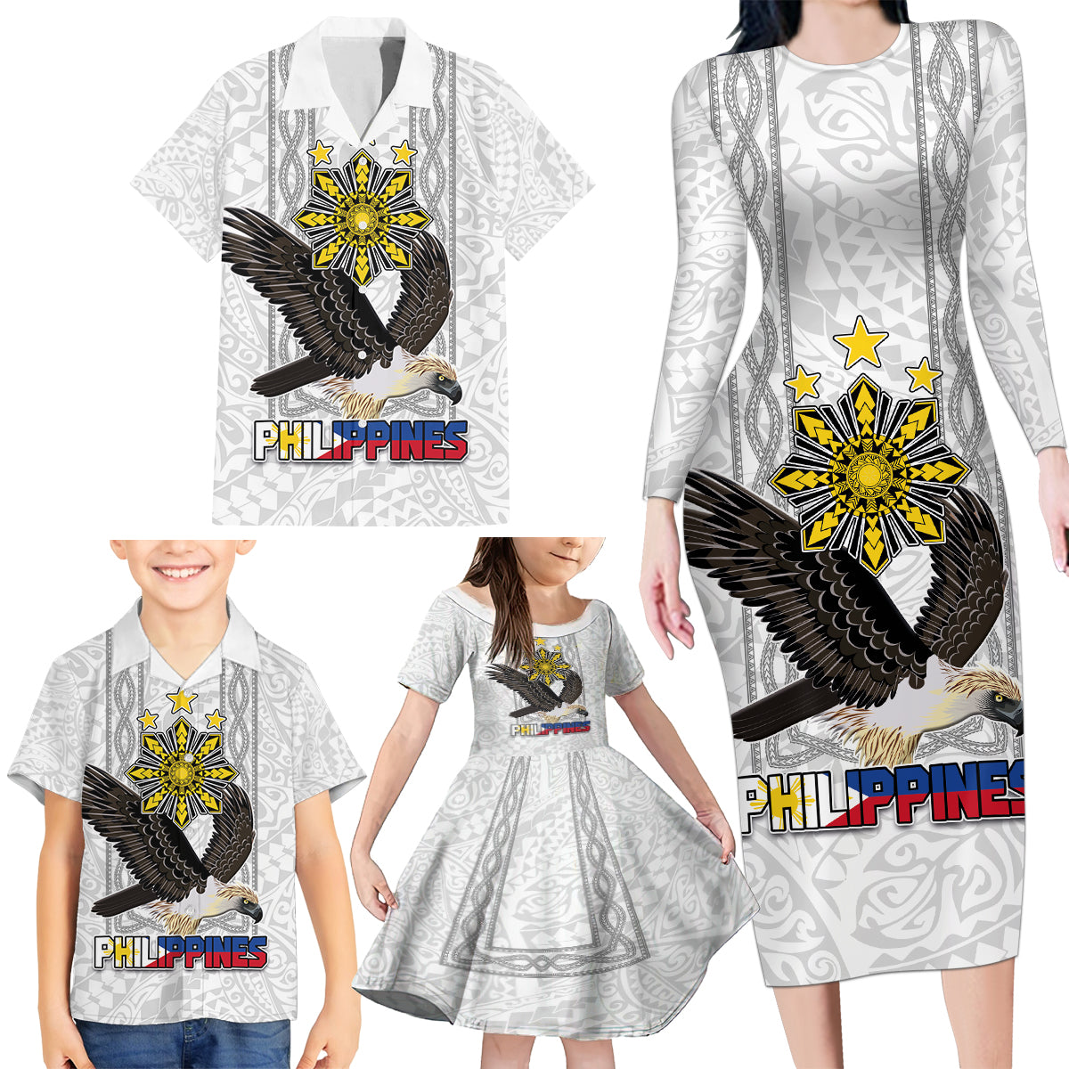Philippines Eagle Week Family Matching Long Sleeve Bodycon Dress and Hawaiian Shirt Polynesian Pattern Barong Style LT03 - Polynesian Pride