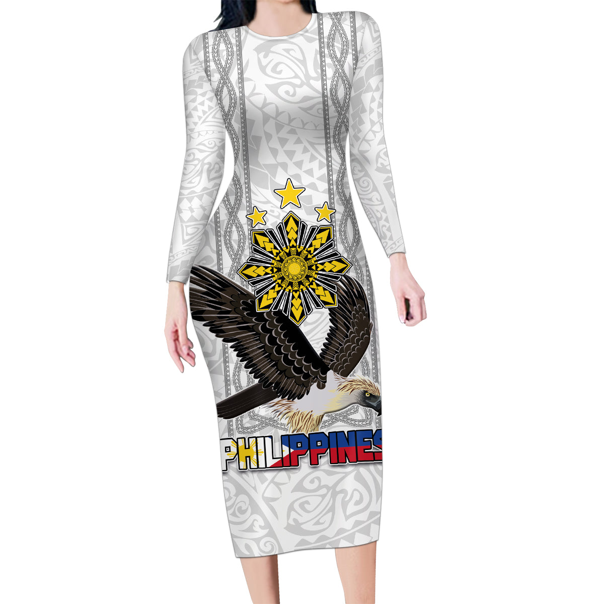 Philippines Eagle Week Family Matching Long Sleeve Bodycon Dress and Hawaiian Shirt Polynesian Pattern Barong Style LT03 Mom's Dress White - Polynesian Pride