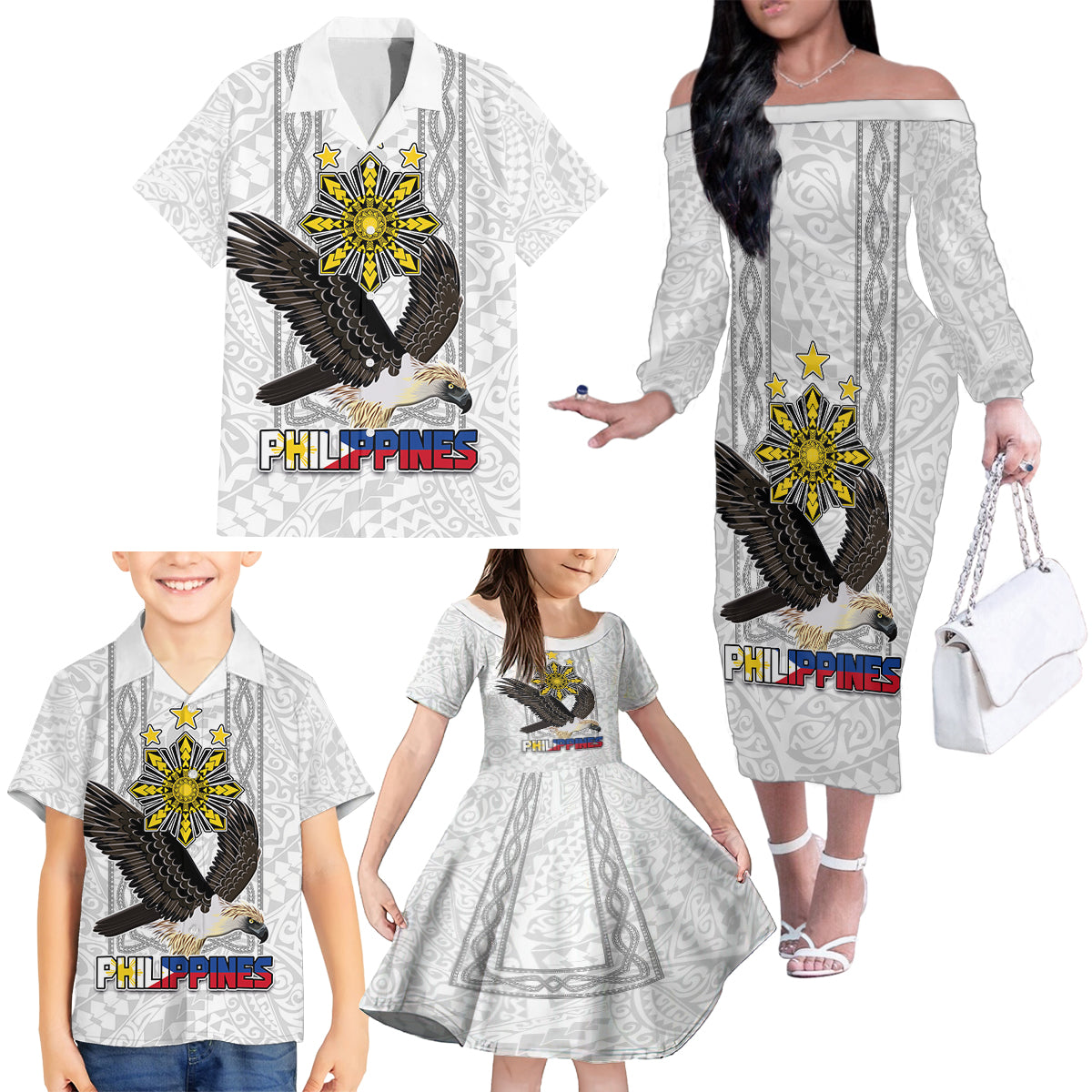 Philippines Eagle Week Family Matching Off The Shoulder Long Sleeve Dress and Hawaiian Shirt Polynesian Pattern Barong Style LT03 - Polynesian Pride