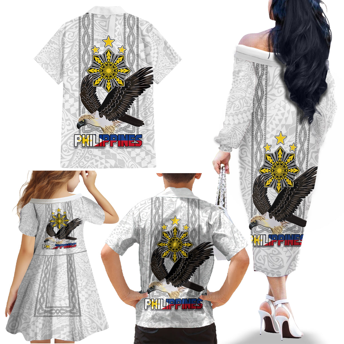 Philippines Eagle Week Family Matching Off The Shoulder Long Sleeve Dress and Hawaiian Shirt Polynesian Pattern Barong Style LT03 - Polynesian Pride