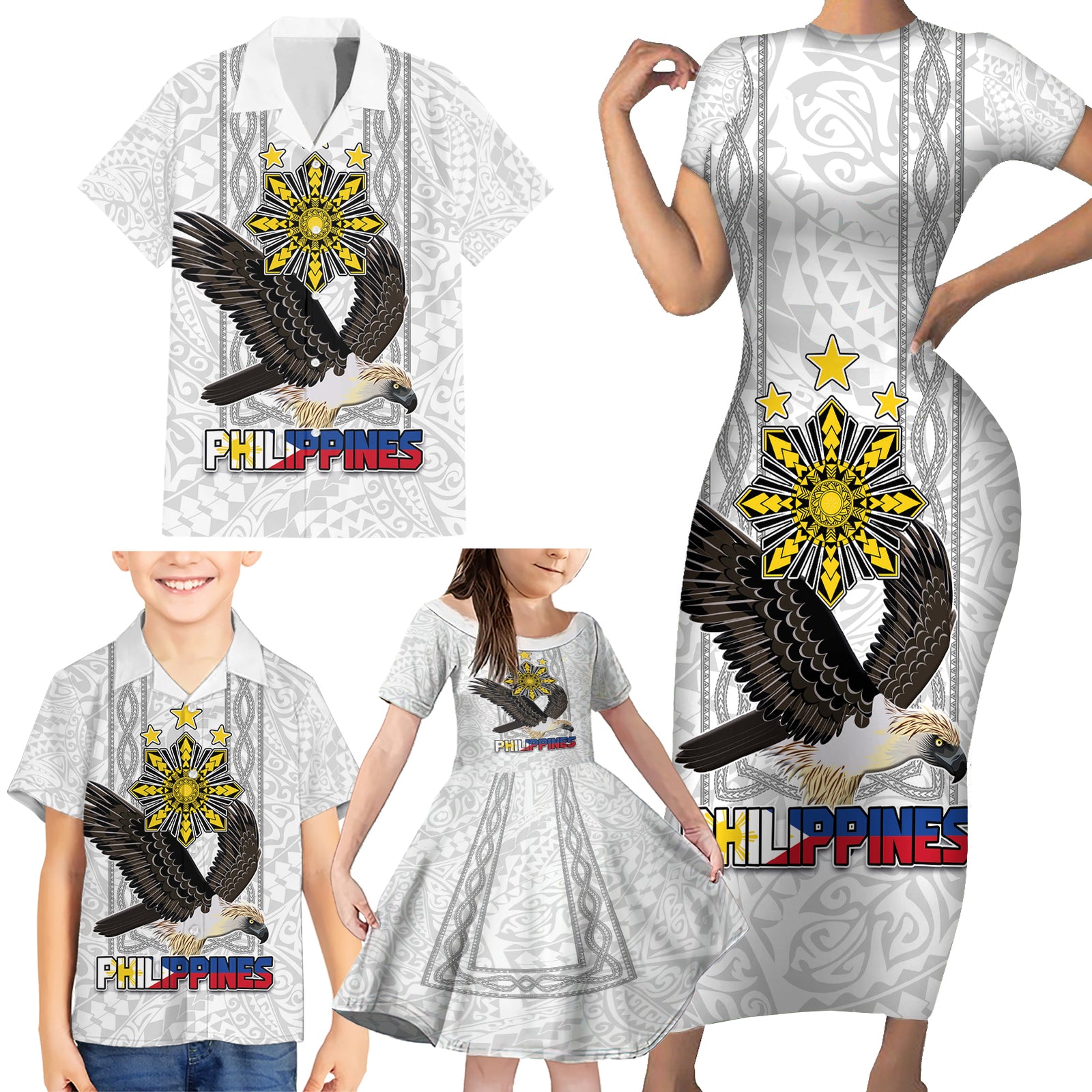 Philippines Eagle Week Family Matching Short Sleeve Bodycon Dress and Hawaiian Shirt Polynesian Pattern Barong Style LT03 - Polynesian Pride