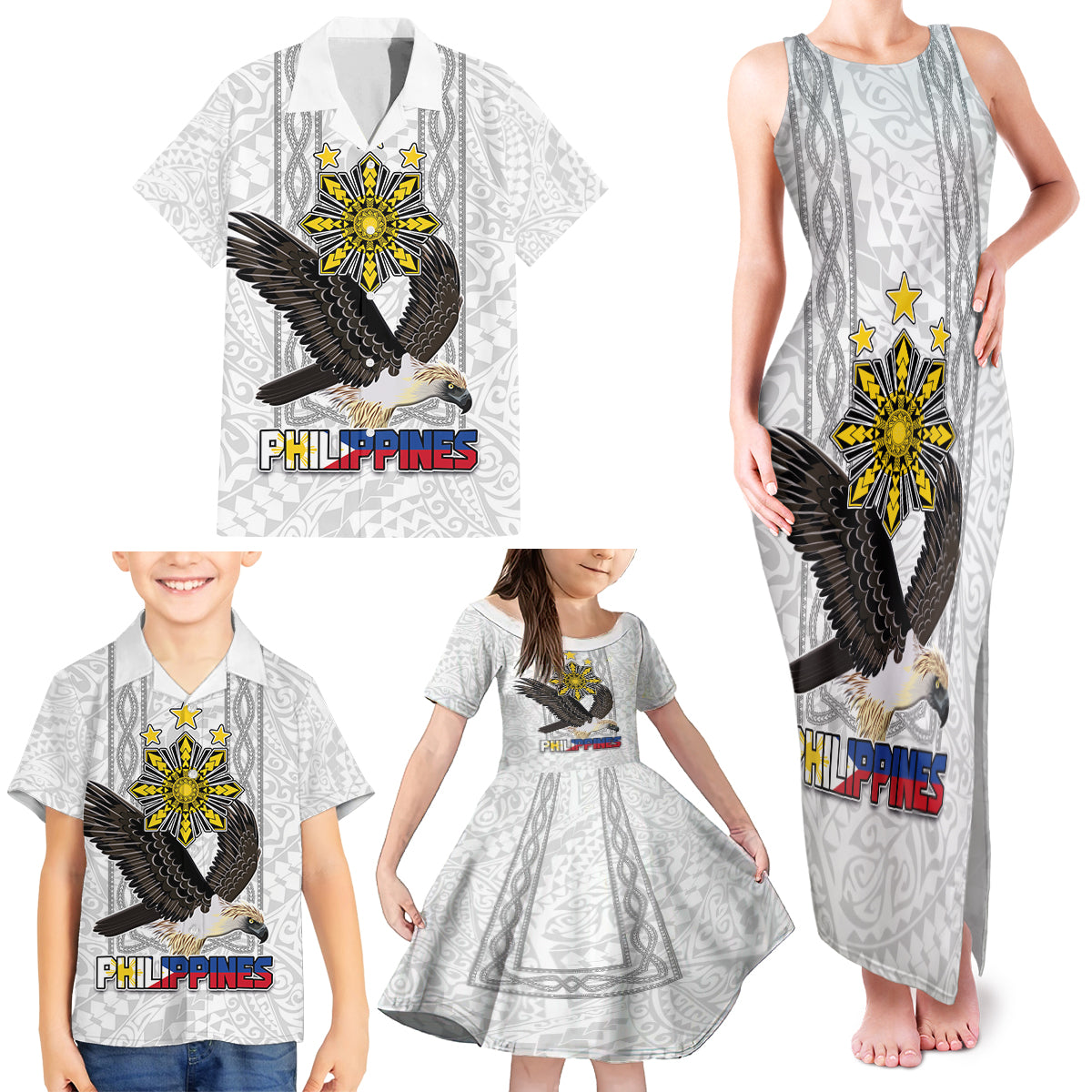 Philippines Eagle Week Family Matching Tank Maxi Dress and Hawaiian Shirt Polynesian Pattern Barong Style LT03 - Polynesian Pride