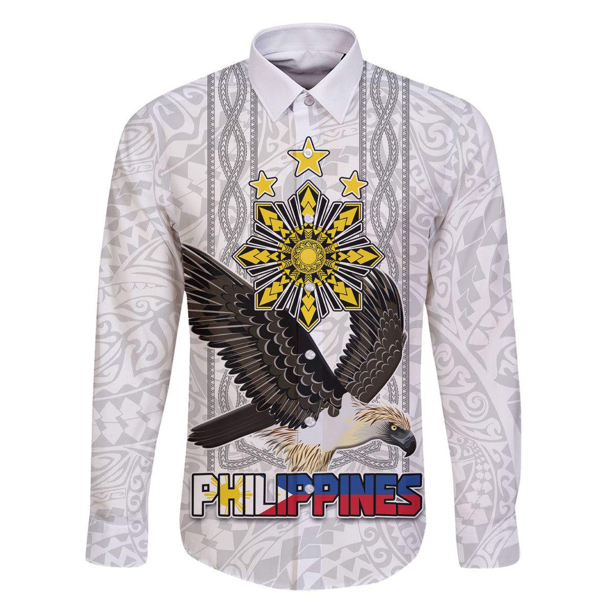 Philippines Eagle Week Family Matching Tank Maxi Dress and Hawaiian Shirt Polynesian Pattern Barong Style LT03 Dad's Shirt - Long Sleeve White - Polynesian Pride