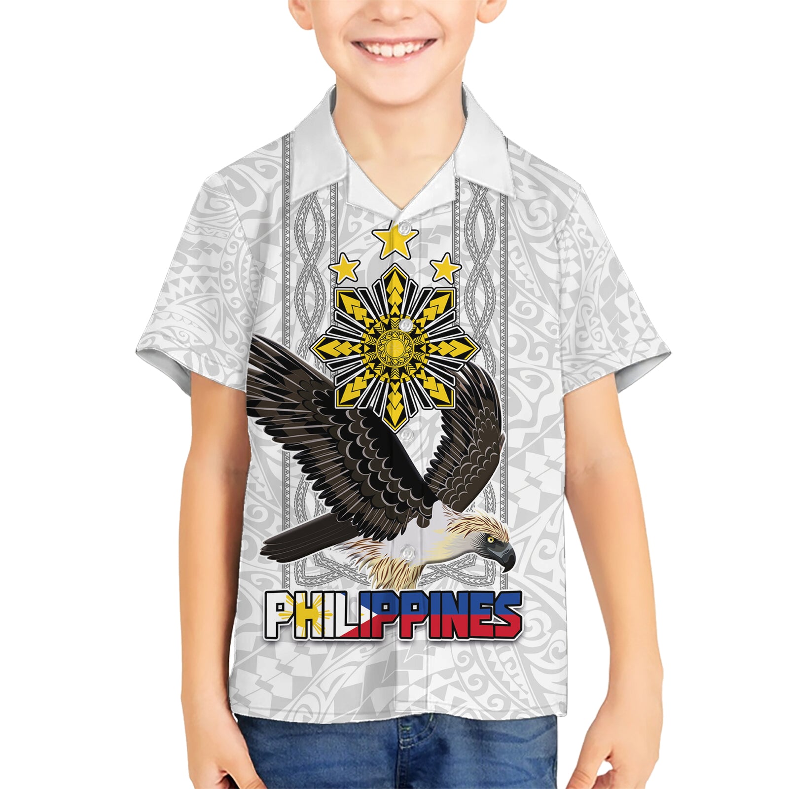 Philippines Eagle Week Kid Hawaiian Shirt Polynesian Pattern Barong Style LT03 Kid White - Polynesian Pride