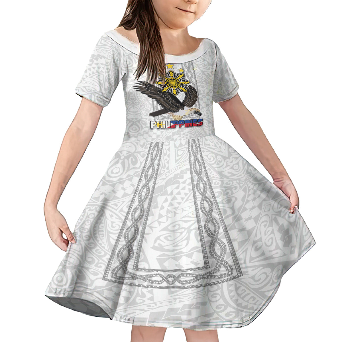 Philippines Eagle Week Kid Short Sleeve Dress Polynesian Pattern Barong Style LT03 KID White - Polynesian Pride